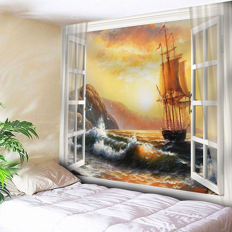 

Window Sea Sailboat Wall Hanging Tapestry, Yellow