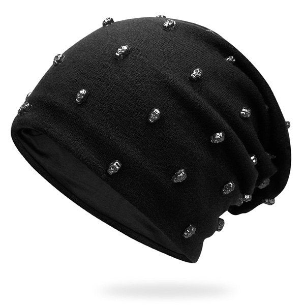 

Skull Rivet Embellished Hip-Hop Beanie Hat, Black