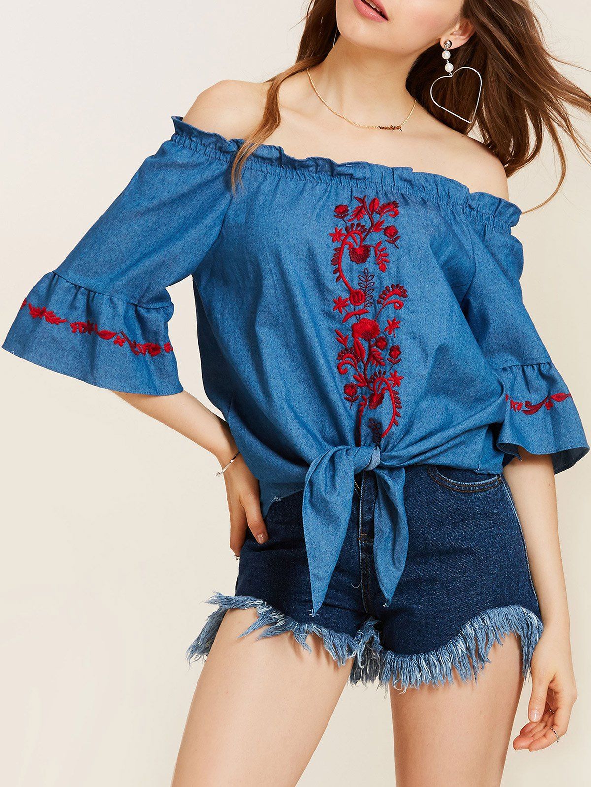 

Off The Shoulder Embroidery Tie Waist Blouse, Blue
