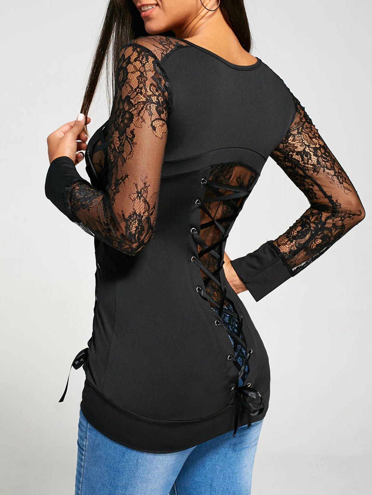 

Long Raglan Lace Sleeve Lace Up T-shirt, Black