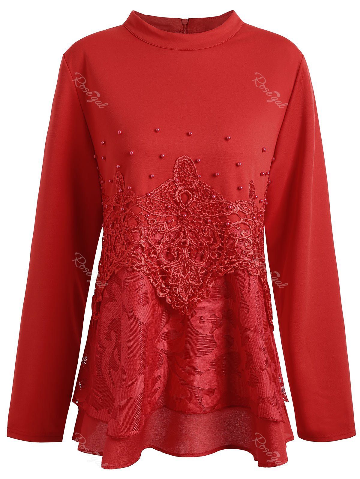 

Plus Size Floral Lace Faux Pearl Embellished Blouse, Red