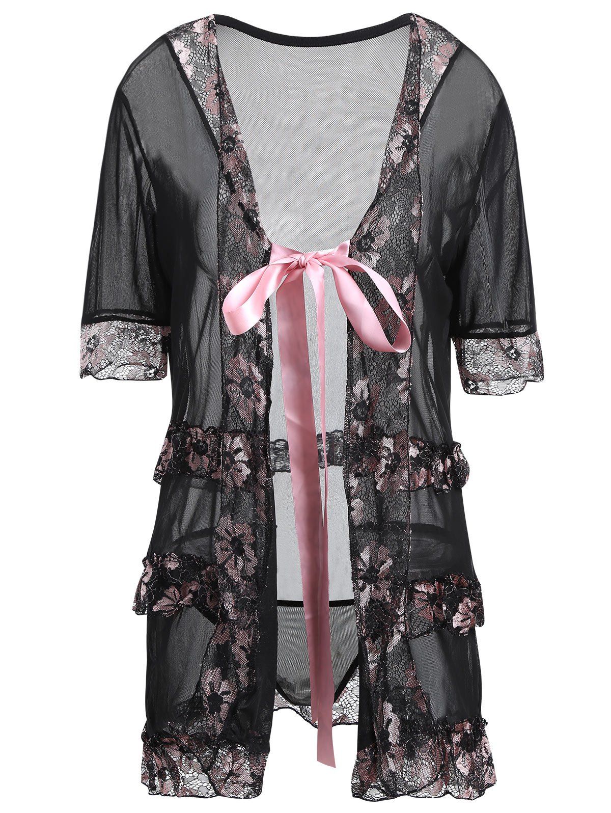 

Plus Size Lingeries Lace Flowers Wrap Sleepwear, Black