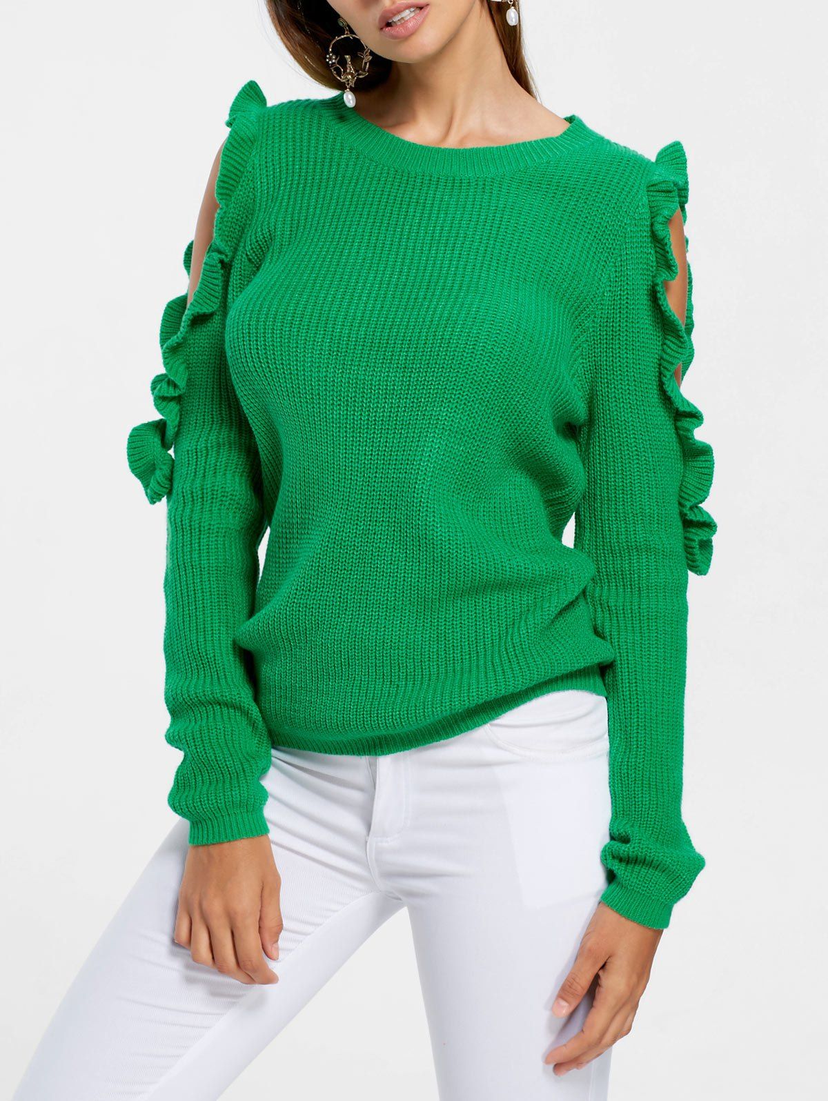 2018 Ruffle Cold Shoulder Sweater In Green M | Rosegal.com