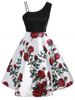 A Line Skew Neck Floral Print Dress -  