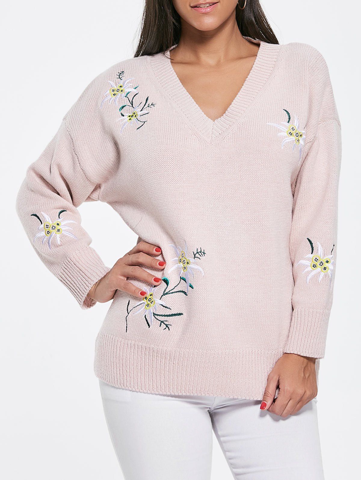 Trendy V Neck Embroidered Sweater  