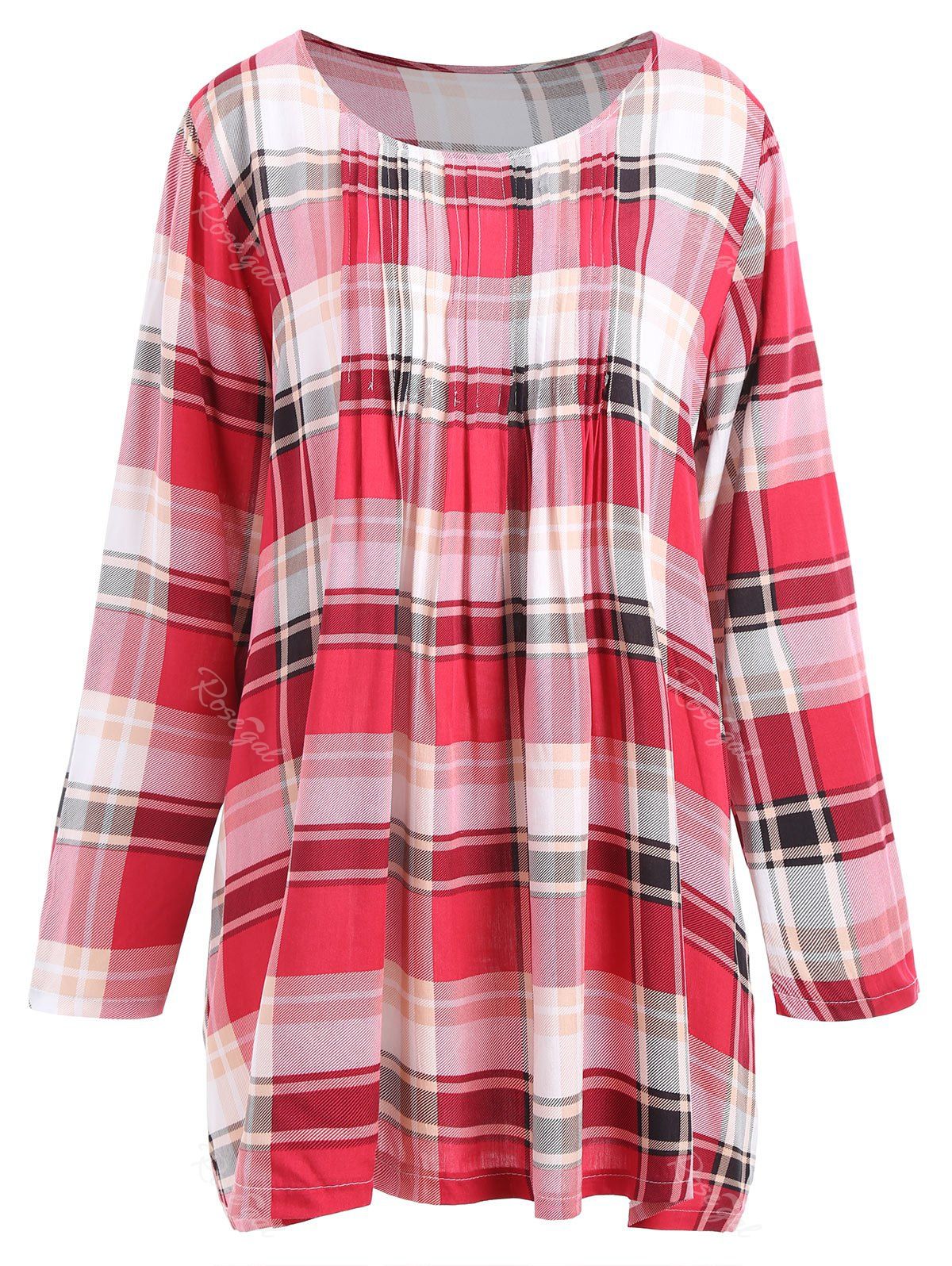 

Plus Size Pleated Checked Blouse