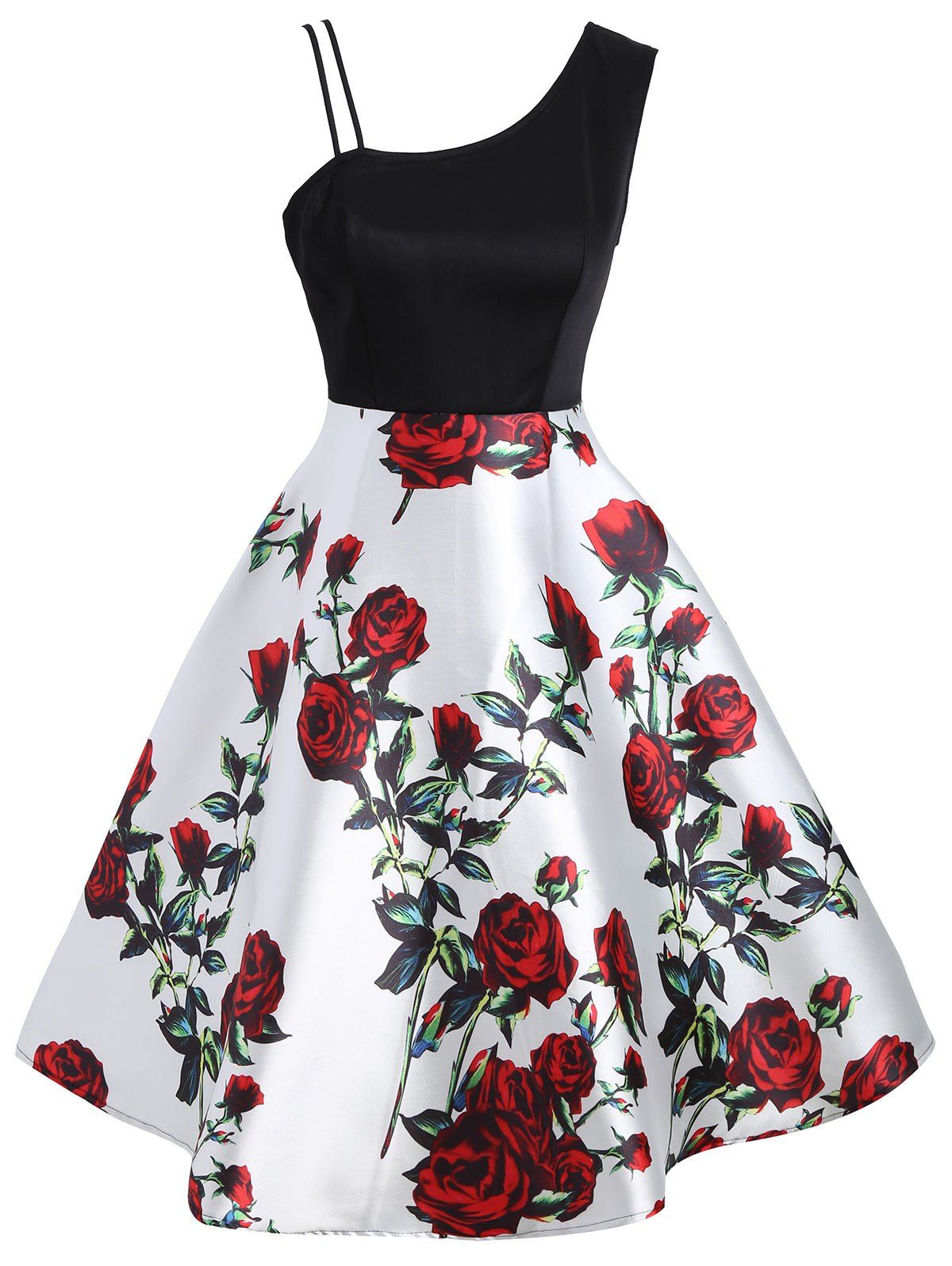 

A Line Skew Neck Floral Print Dress, Red