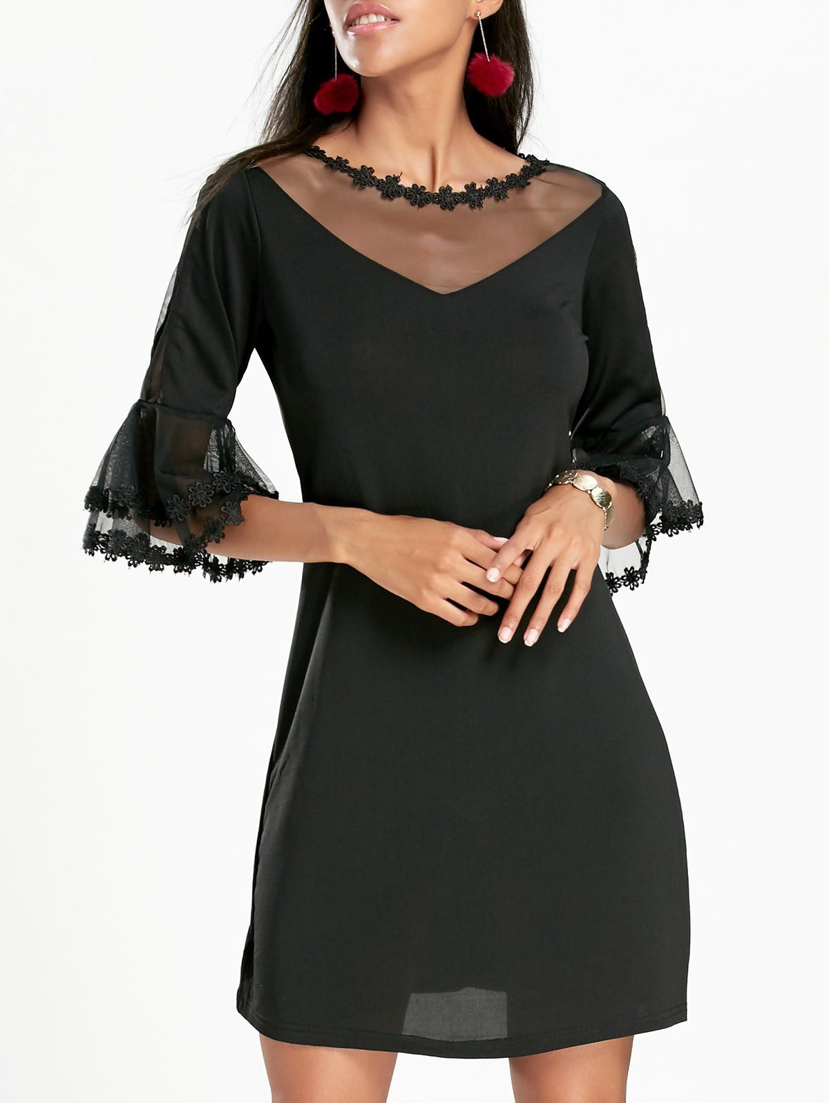 

Bell Sleeve Sheer Mesh Insert Mini Dress, Black