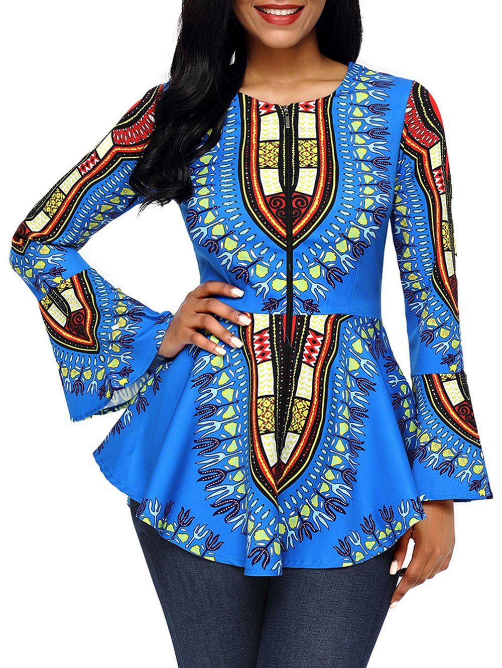 

Tribal Print Flare Sleeve Peplum Top, Blue