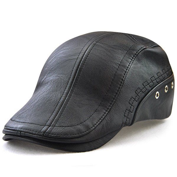 

Faux Leather Rivet Hole Embellished Newsboy Hat, Black