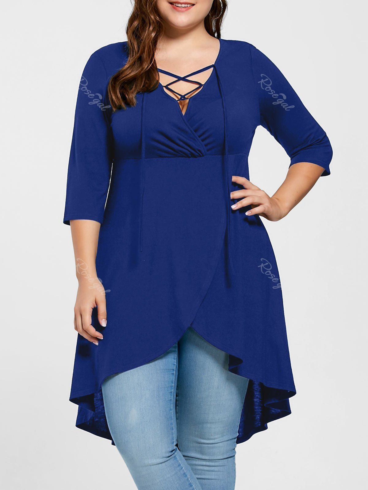 

Plus Size Overlap Lace Up Top, Blue