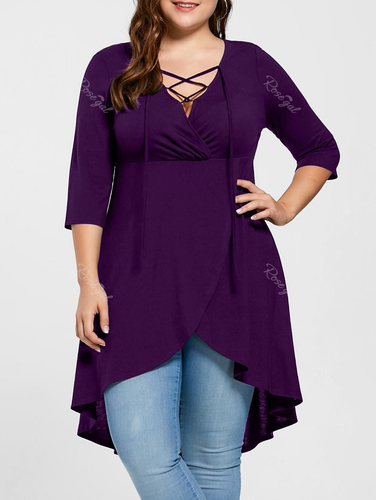 

Plus Size Overlap Lace Up Top, Purple