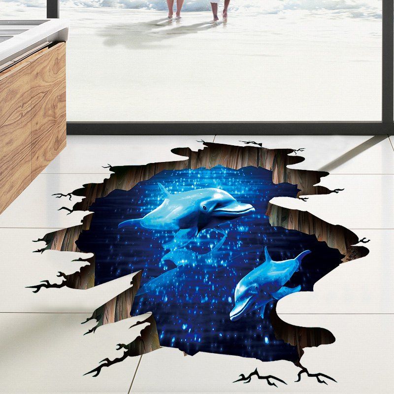 

Dolphin 3D Broken Floor Sticker For Bedroom, Blue