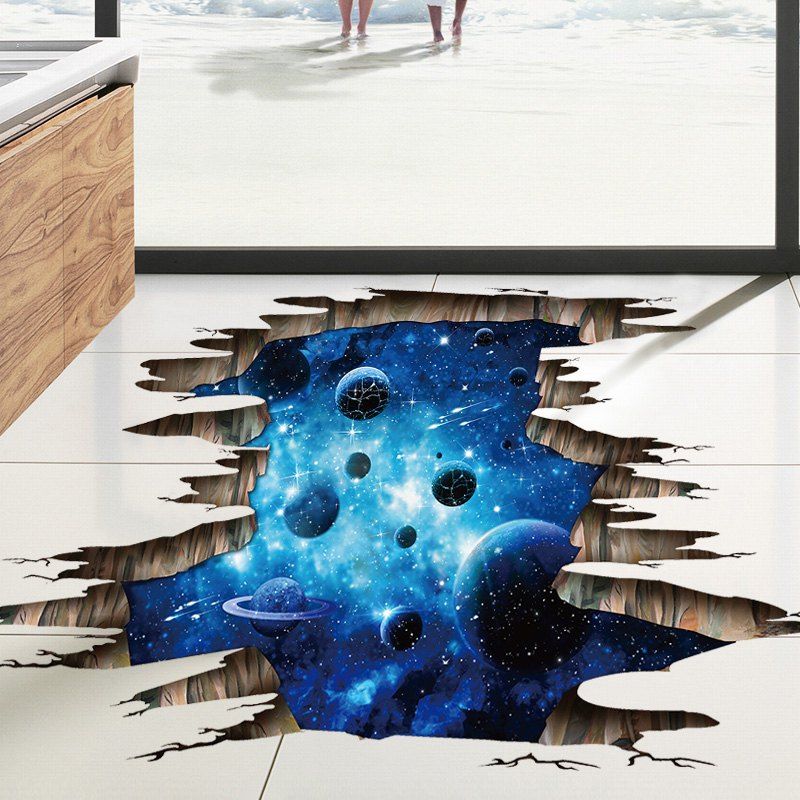 

Planets 3D Broken Floor Sticker For Bedroom, Blue