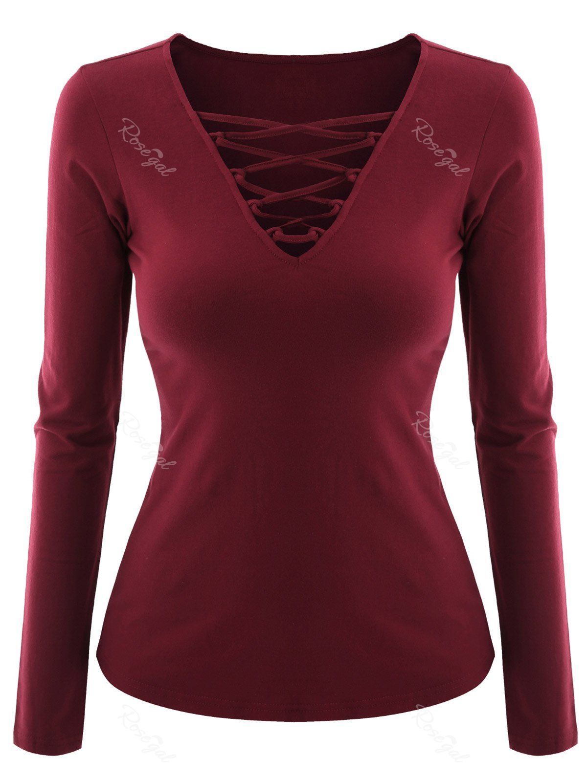 

Plus Size V Neck Criss Cross Tee, Wine red