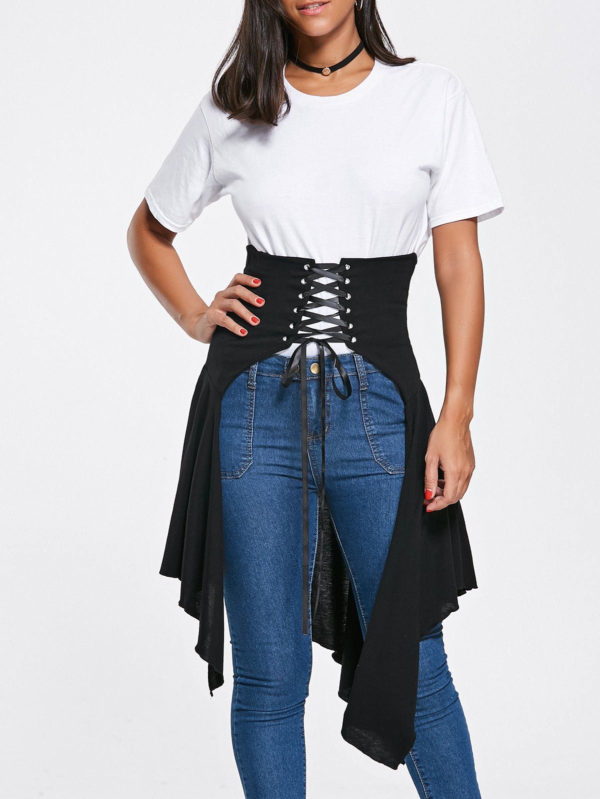 

High Slit Lace Up Midi Handkerchief Skirt, Black