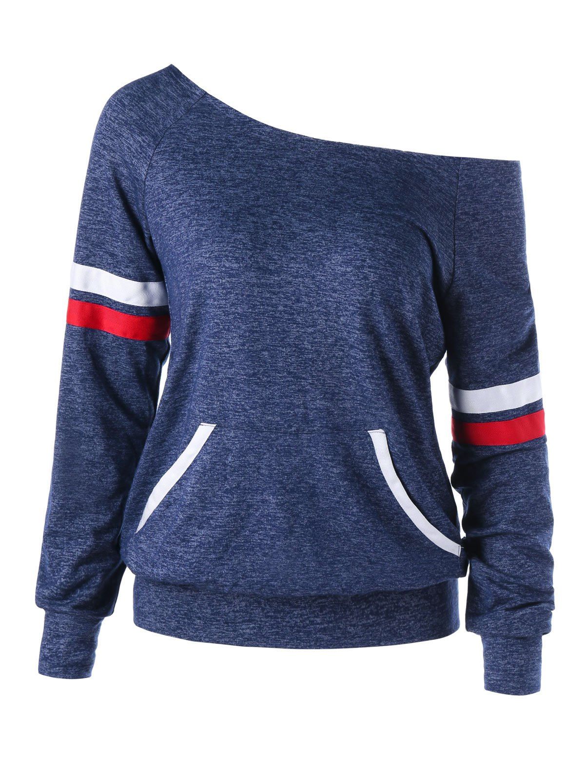 

Striped Convertible Neck Kangaroo Pocket Sweatshirt, Blue