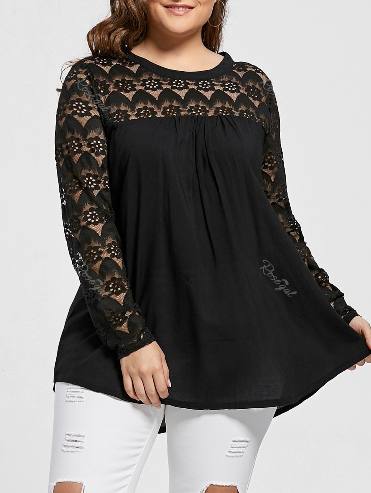 

Lace Panel Plus Size Sheer Tunic Top, Black