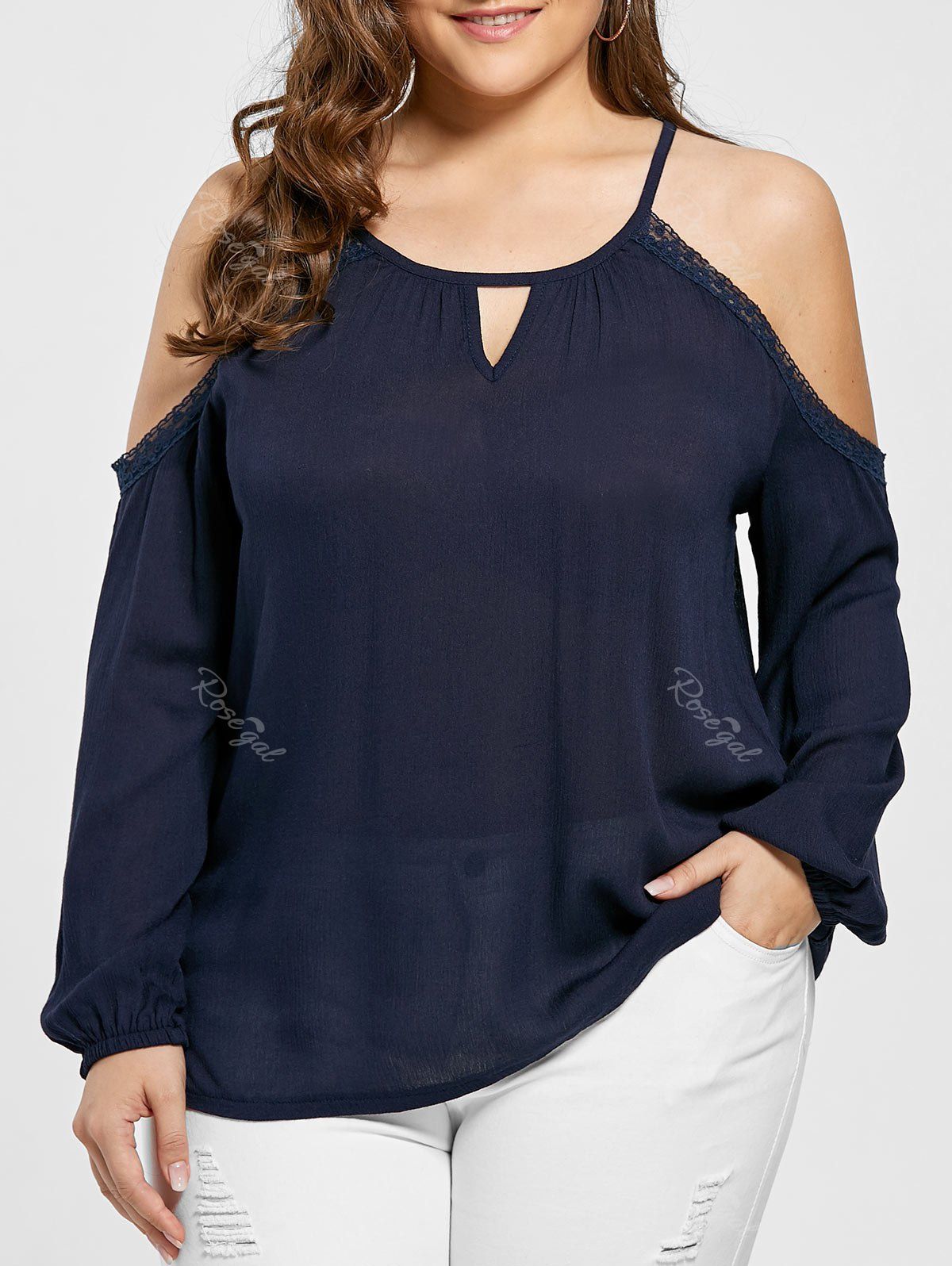 

Plus Size Cold Shoulder Lace Trim Keyhole Blouse, Purplish blue