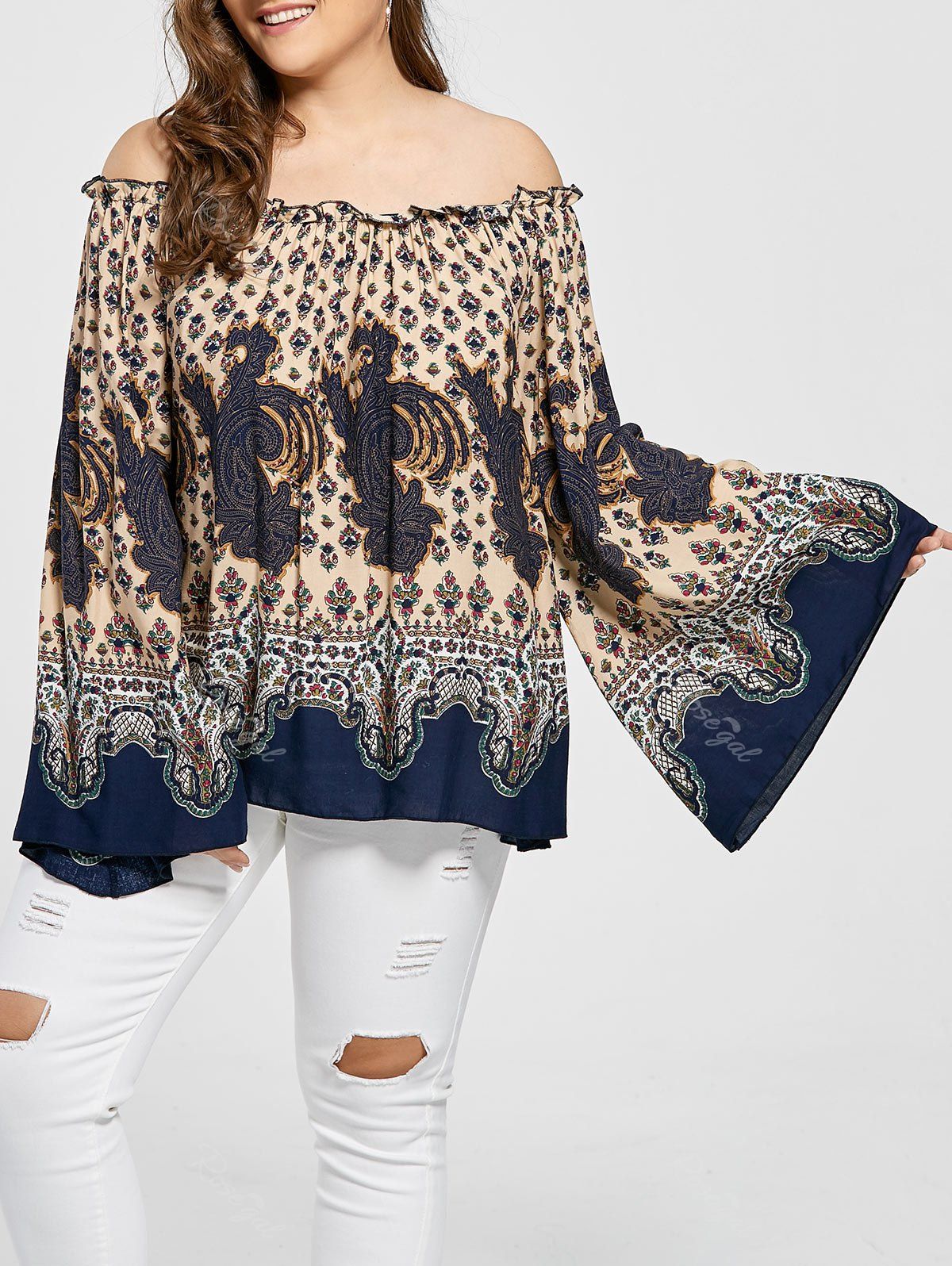 

Plus Size Tribe Print Off The Shoulder Bell Sleeve Blouse, Colormix