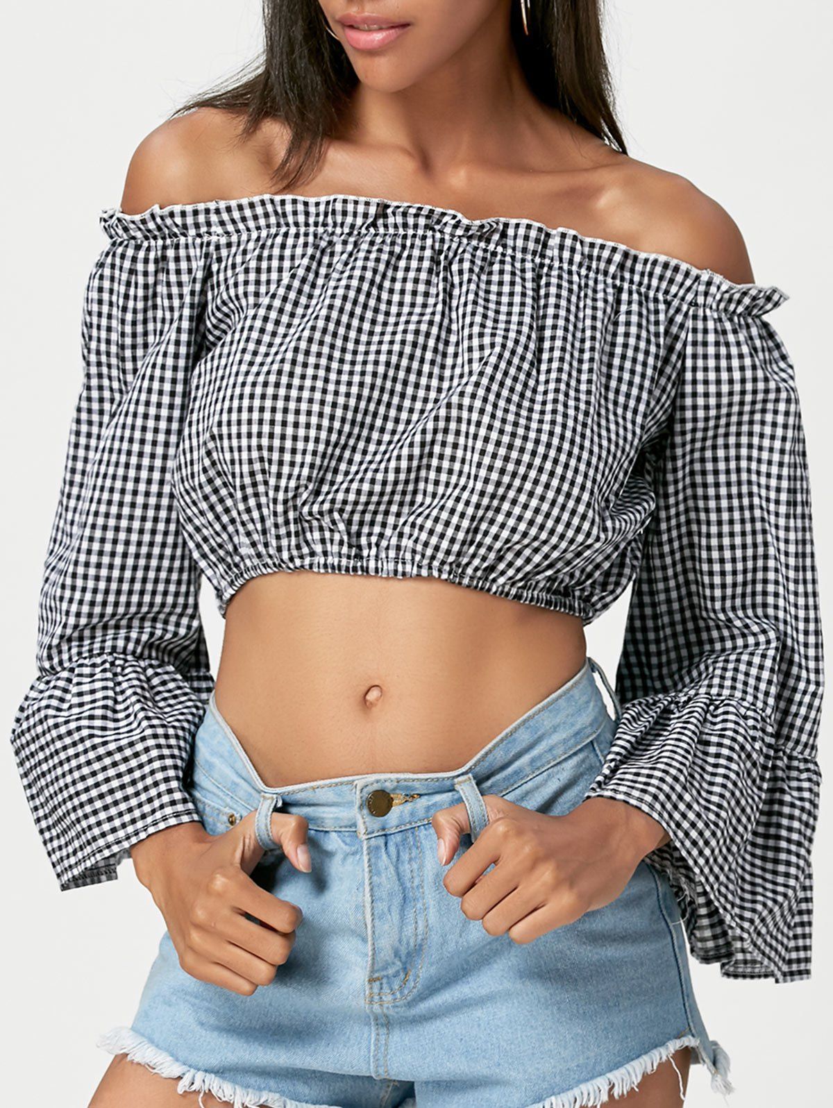 Outfits Off The Shoulder Gingham Crop Top  