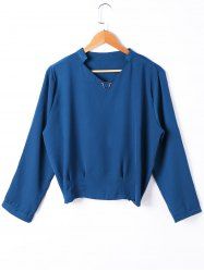 polyester v neck elastic waist plain puff sleeve long sleeve blouse