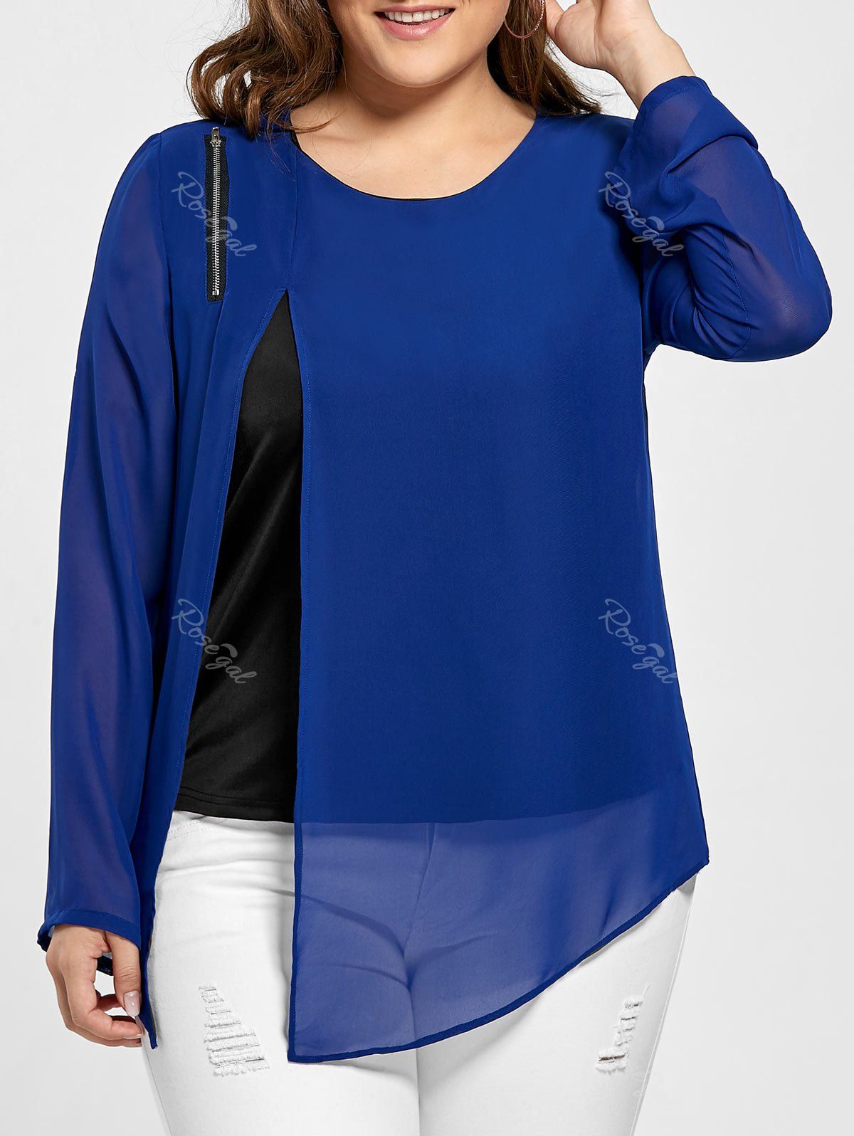 

Plus Size Slit Asymmetrical Zip Embellished Blouse, Blue