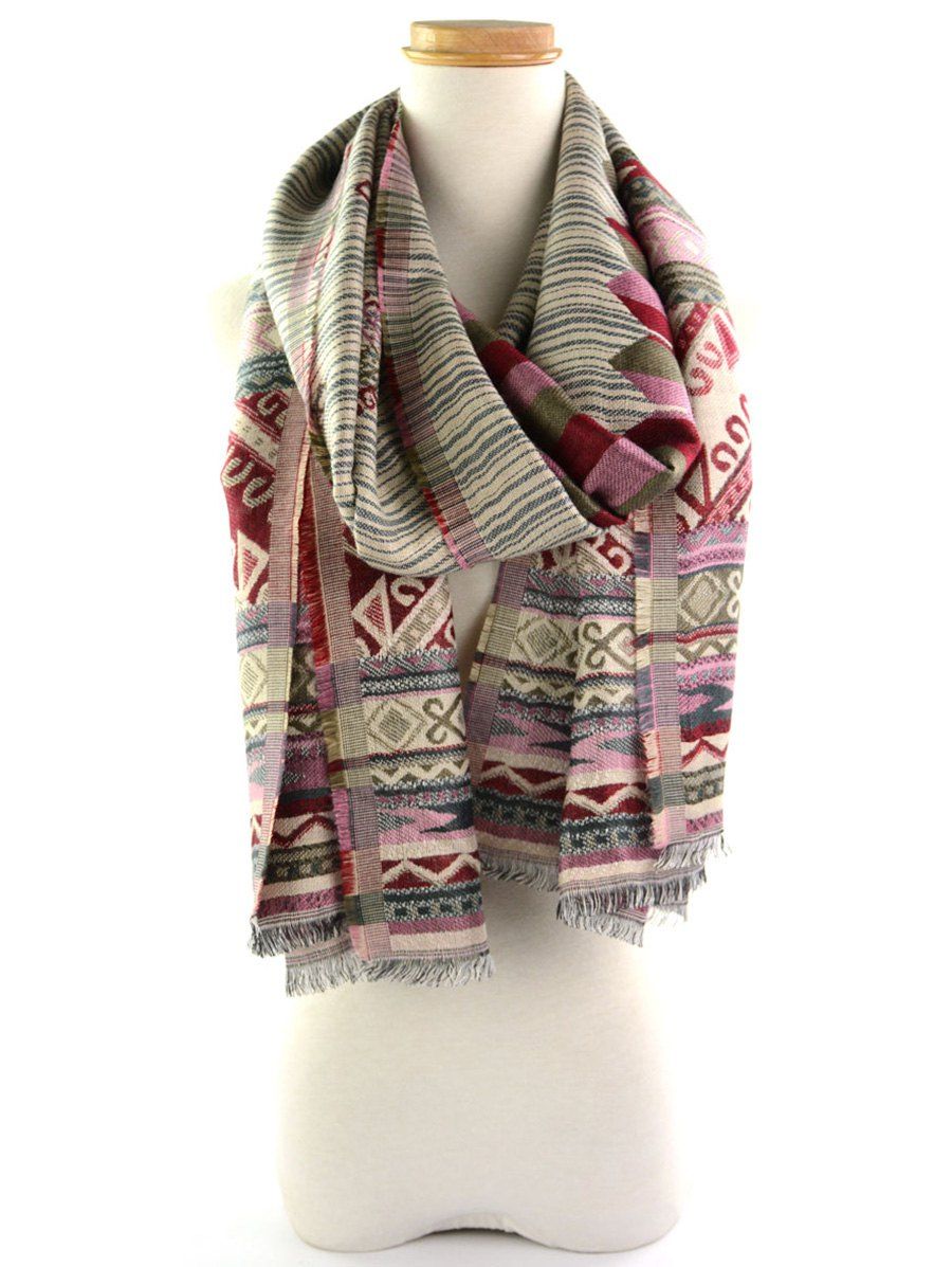 

Fringed Brim Geometrical Floral Pattern Ethnic Wrap Scarf, Red and green
