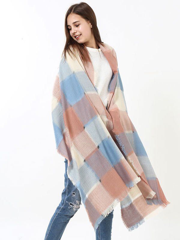 

Plaid Knitting Broken Hole Design Fringe Brim Scarf, Blue and pink