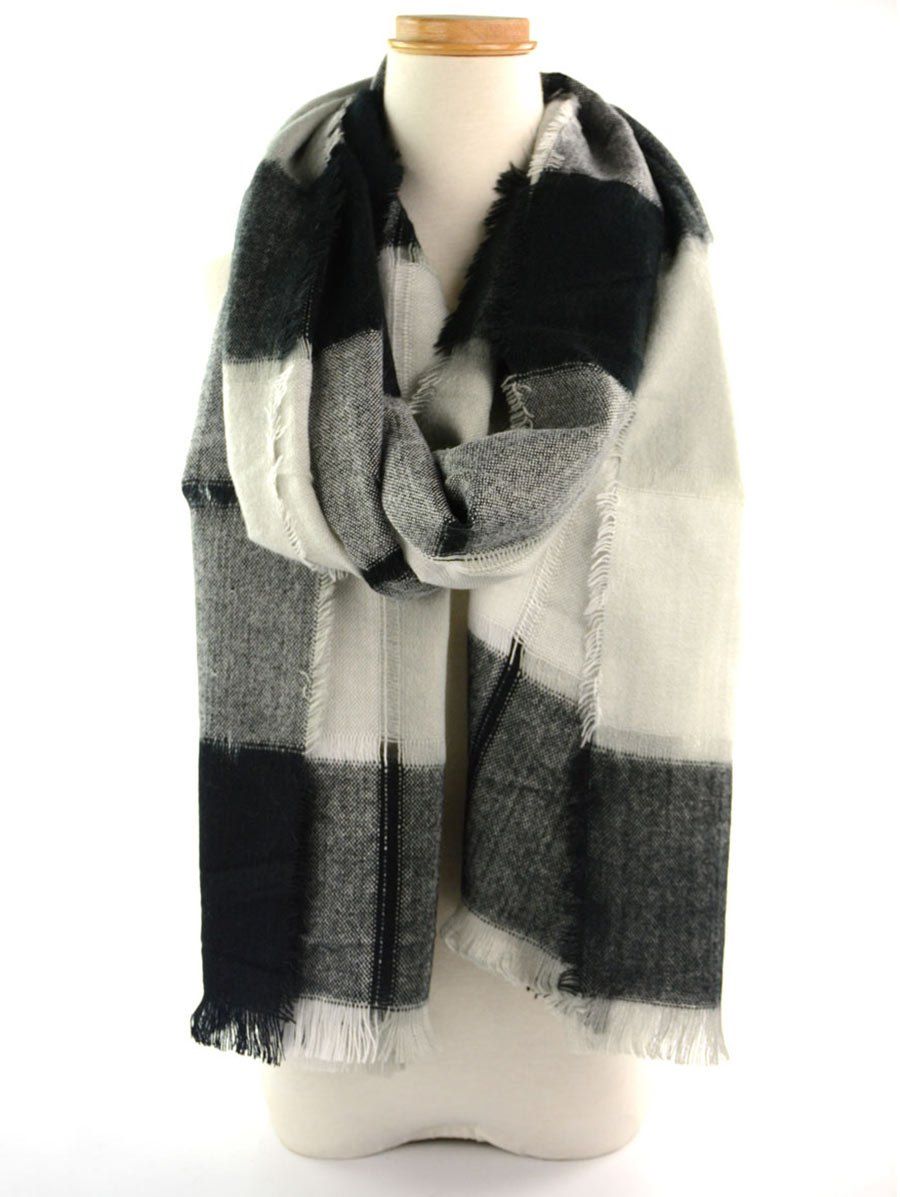 

Plaid Knitting Broken Hole Design Fringe Brim Scarf, Black white