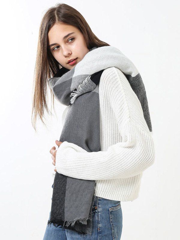 

Fringe Brim Checked Long Wrap Scarf, Black white
