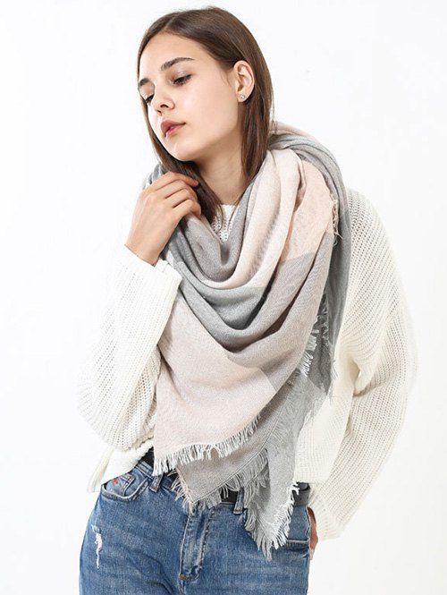 

Fringe Brim Checked Long Wrap Scarf, Pink and grey