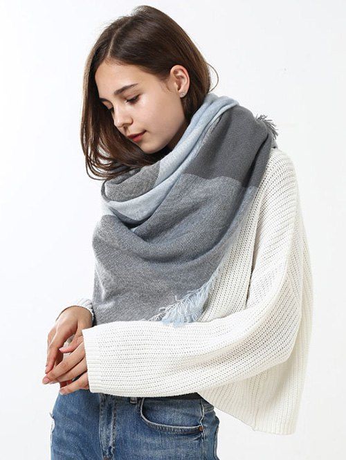 

Fringe Brim Checked Long Wrap Scarf, Grey white