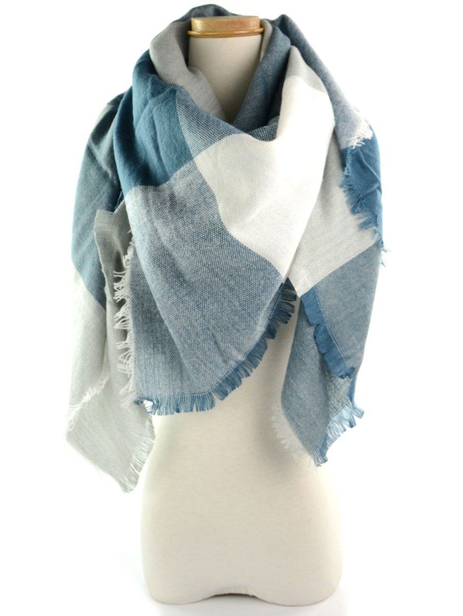 

Fringe Brim Checked Long Wrap Scarf, Blue gray