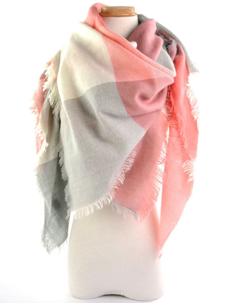 

Fringe Brim Checked Long Wrap Scarf, Pink