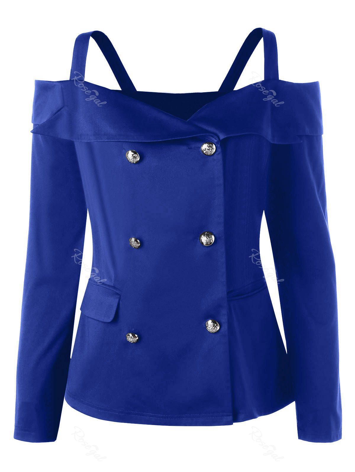 

Plus Size Long Sleeve Double Breasted Cold Shoulder Top, Blue
