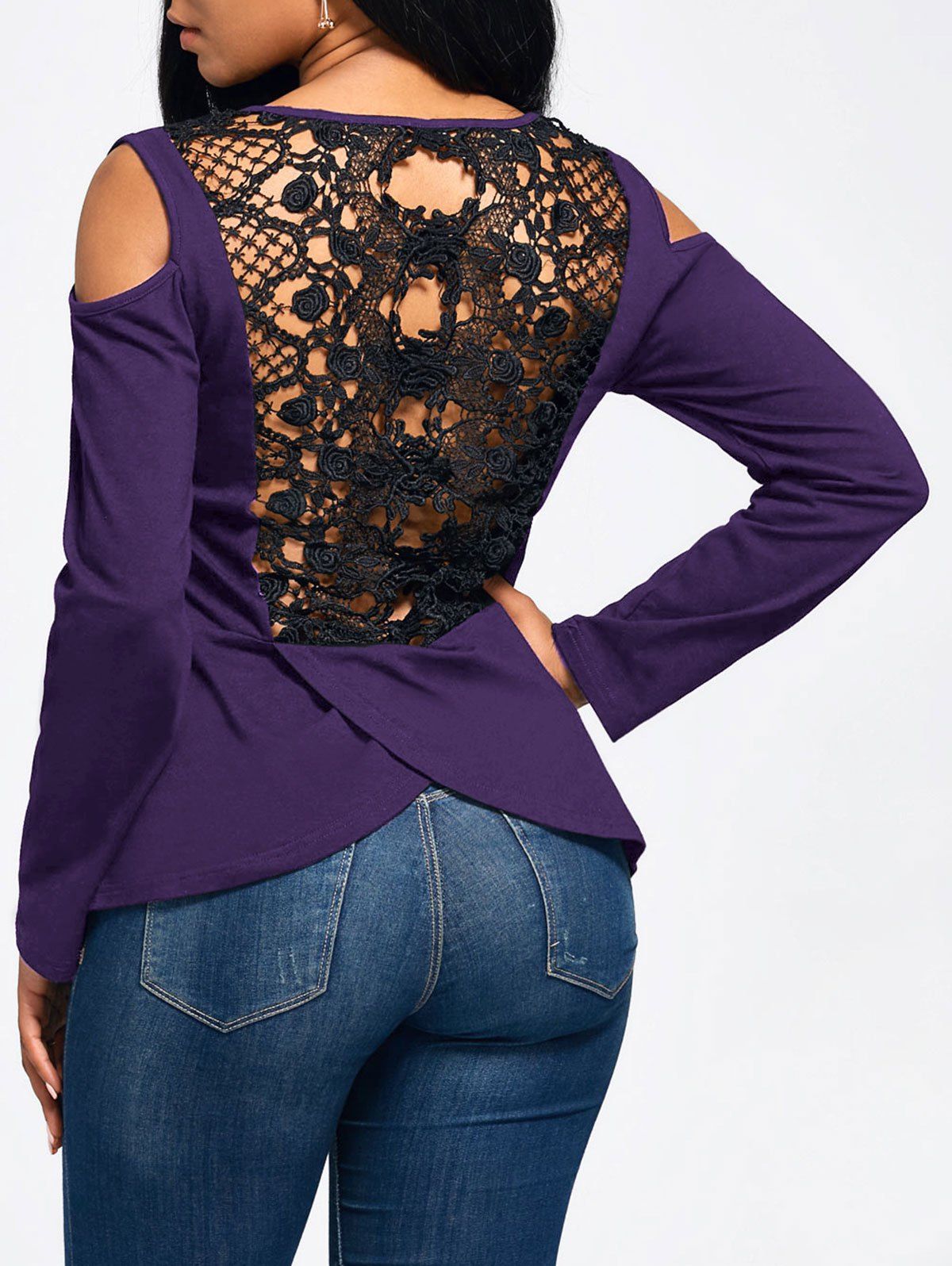 

Lace Back Cold Shoulder Long Sleeve T-shirt, Purple