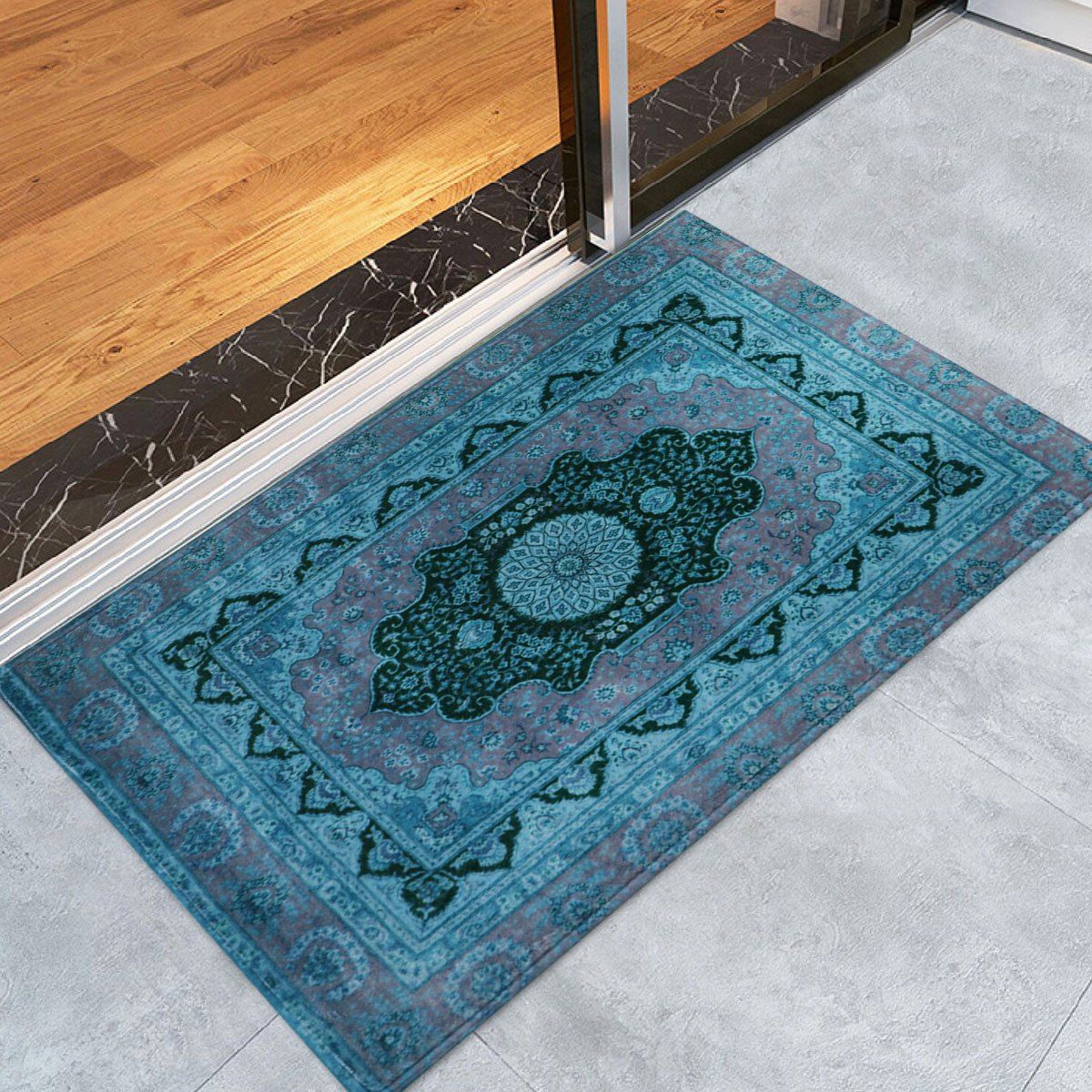 

Persian Pattern Soft Coral Velvet Bath Rug, Blue gray