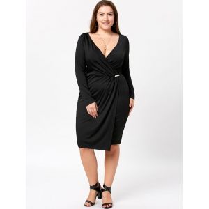 Black 2xl Plus Size Plunging Neck Long Sleeve Dress | RoseGal.com