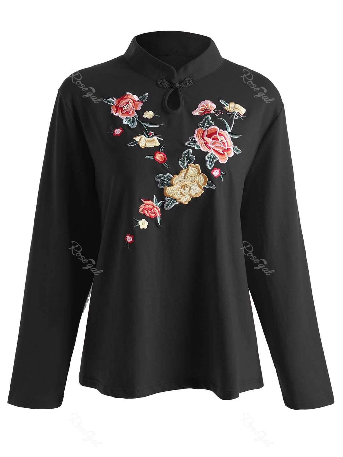 

Plus Size Floral Embroidered Keyhole Blouse, Black