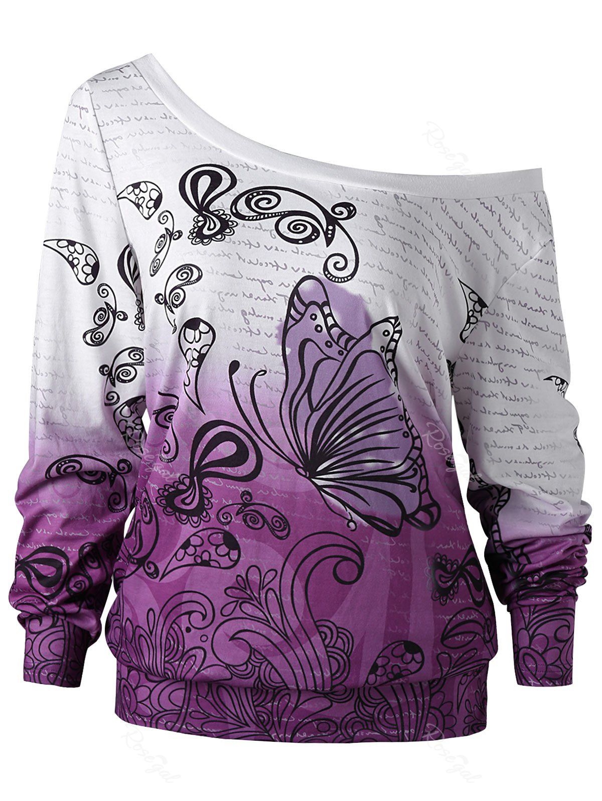 

Plus Size Ombre Butterfly Print Sweatshirt, White + purple