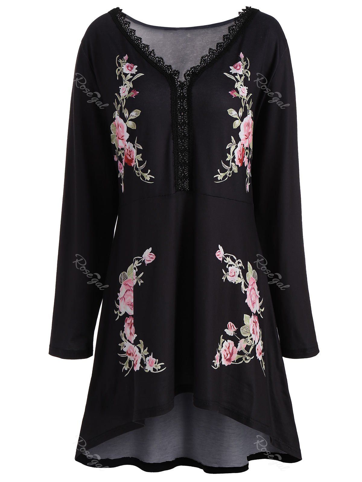 

High Low Floral Plus Size V-neck Top, Black