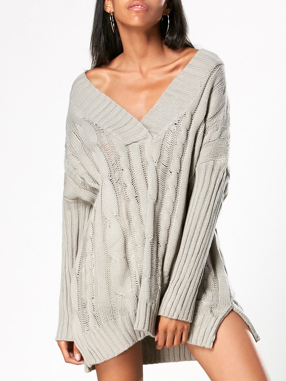

V Neck Cable Knit Tunic Oversized Sweater, Gray