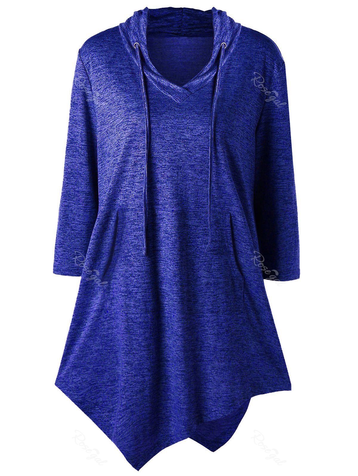

Plus Size Kangaroo Pocket Asymmetrical Drawstring Tee, Blue