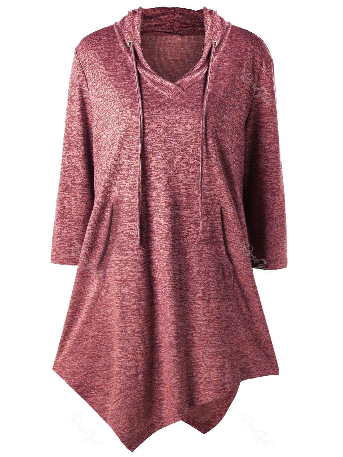 

Plus Size Kangaroo Pocket Asymmetrical Drawstring Tee, Claret