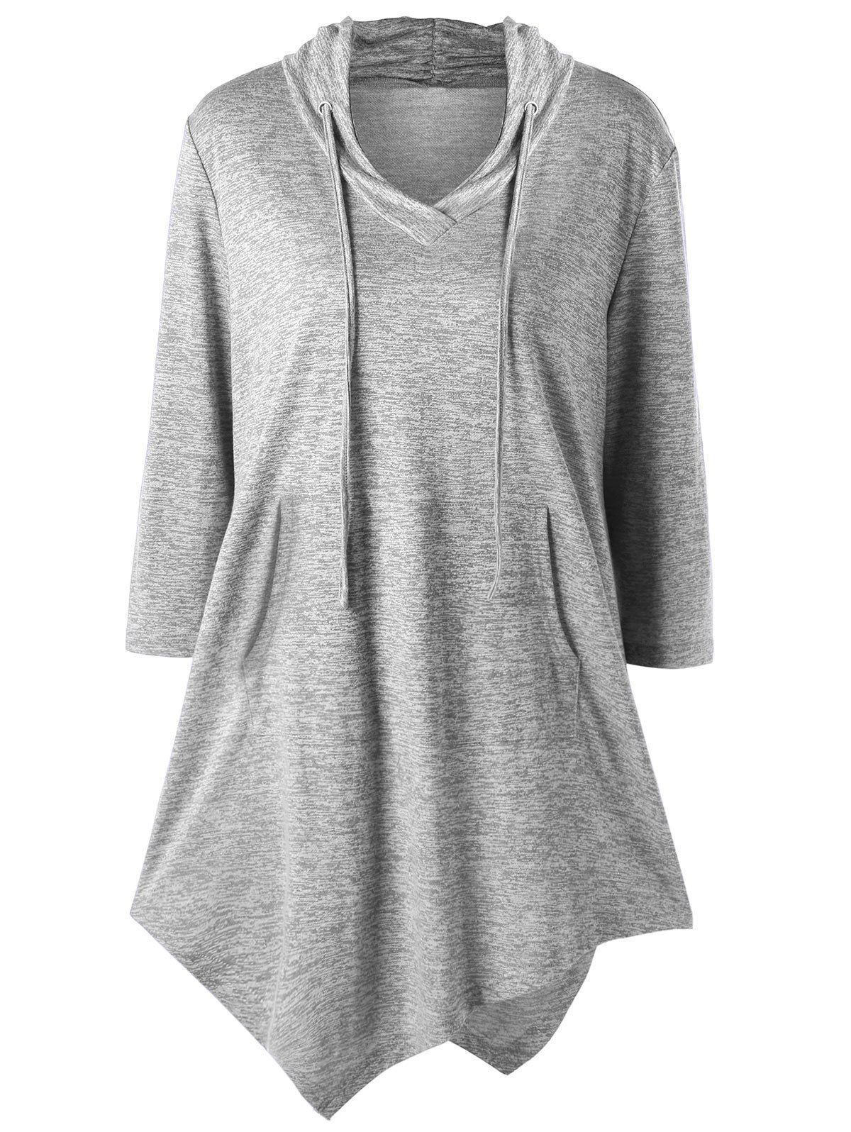 

Plus Size Kangaroo Pocket Asymmetrical Drawstring Tee, Light gray