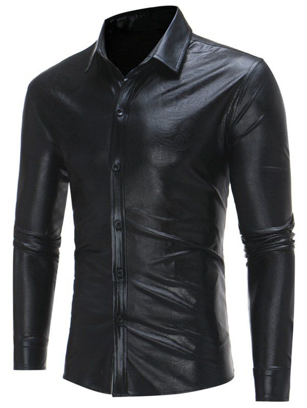

Long Sleeve Metallic Color Embossed Shirt, Black