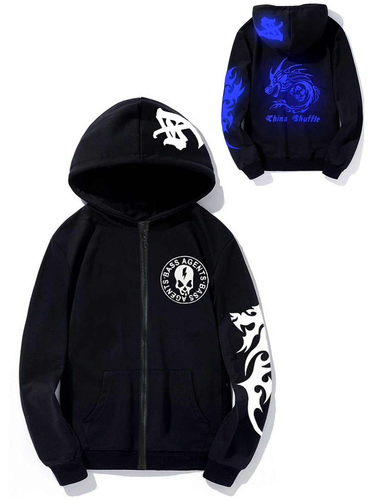 

Luminous Skull Dragon Graphic Print Hoodie, Blue
