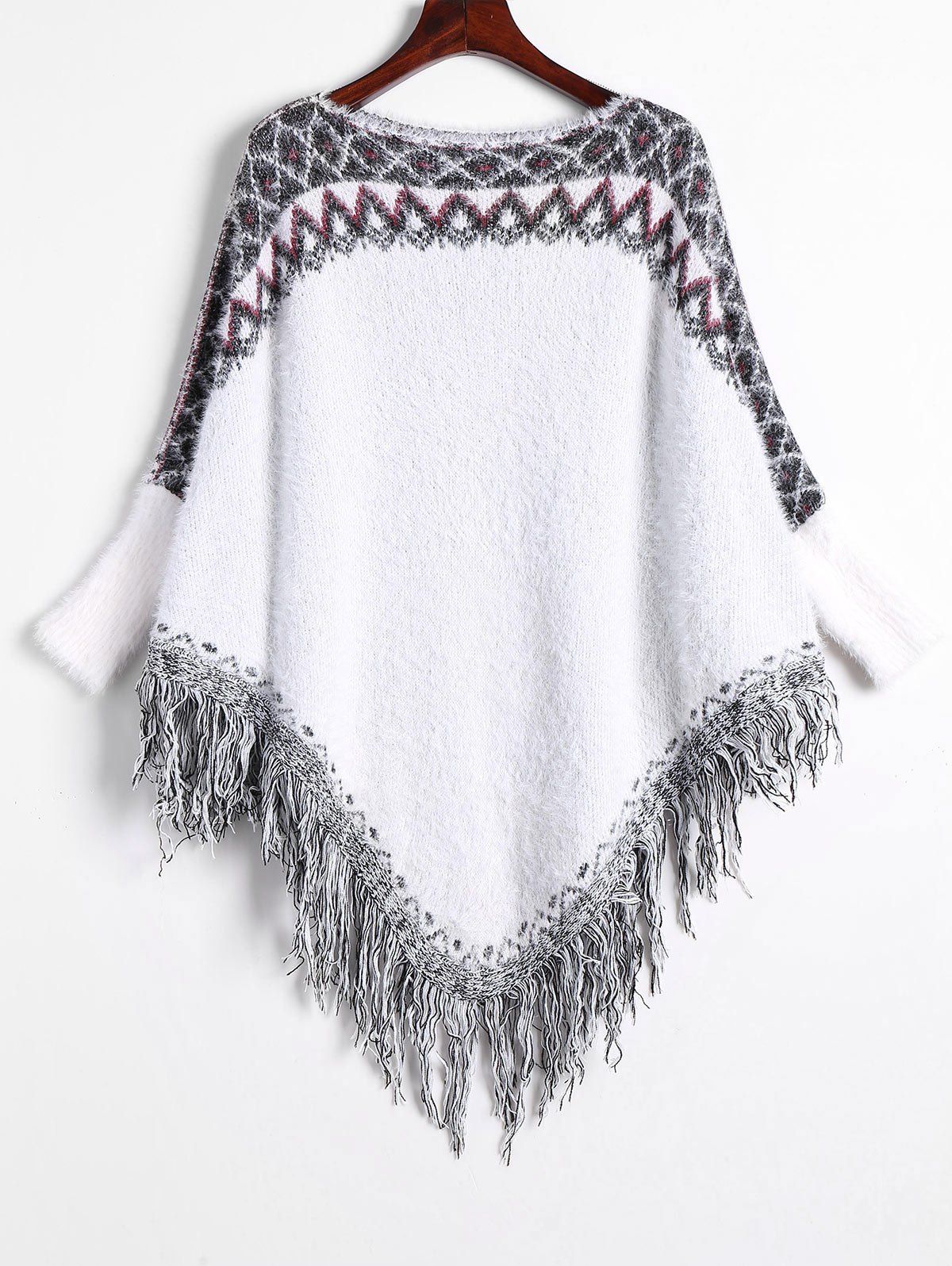 

Fringed Batwing Asymmetric Fuzzy Sweater, White