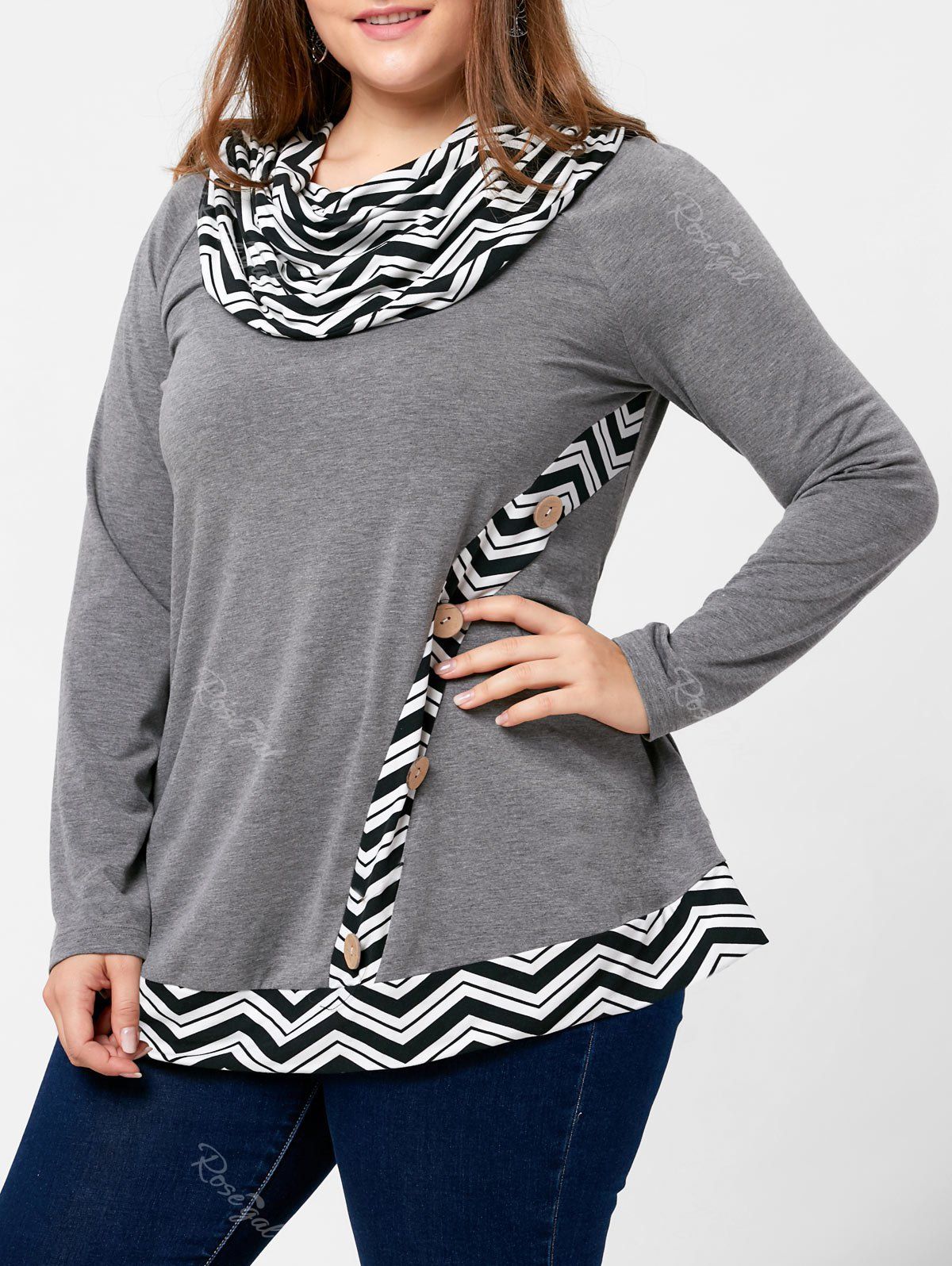 

Plus Size Zigzag Pattern Cowl Neck Top, Gray